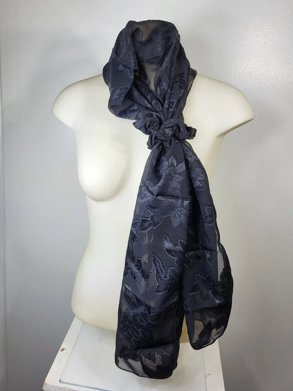 E. Amster Satin Elegant Black Floral Sheer Scarf With Scrunchy